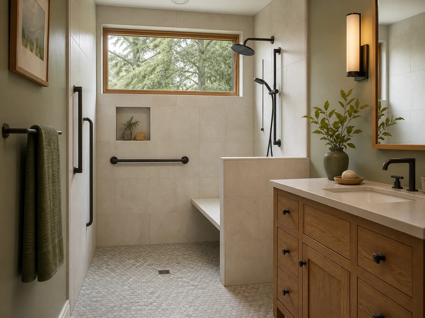 Concept image of an accessible bathroom with a curbless shower