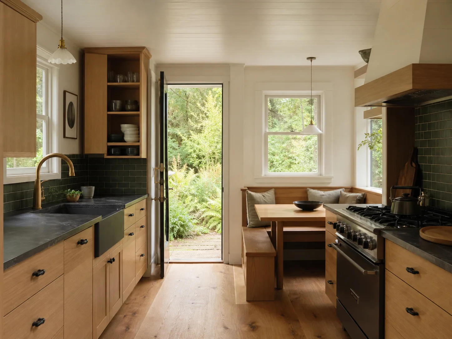 Concept image of a compact kitchen remodel opening to a forest garden
