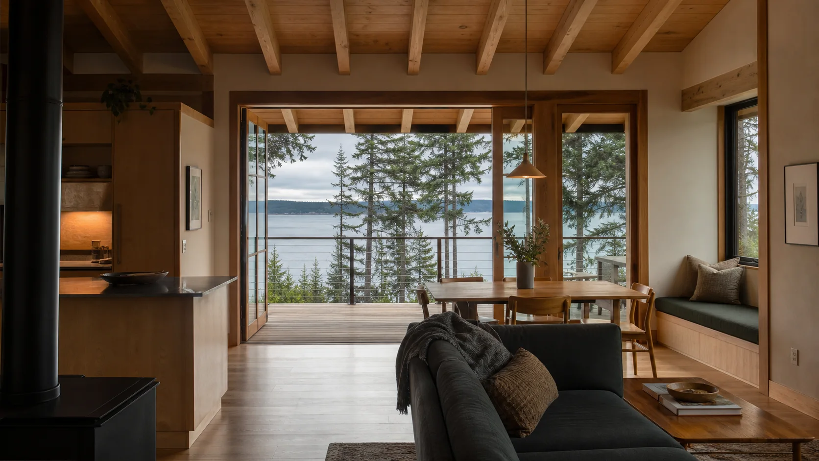 Concept interior opening toward Puget Sound and evergreen trees