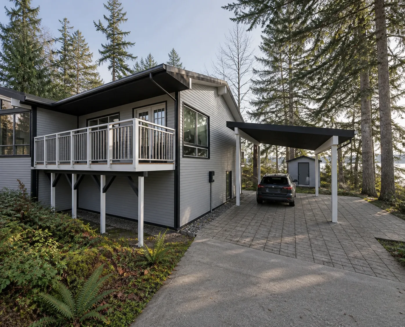 Modern carport addition beside a Whidbey Island home