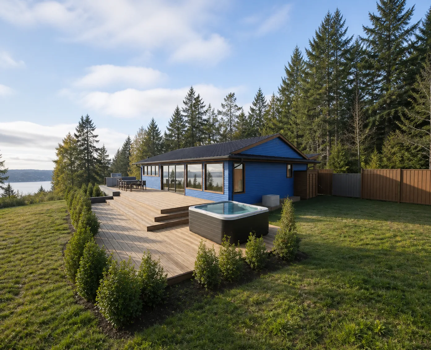 Whidbey Island patio remodel with integrated hot tub, native planting, and water view