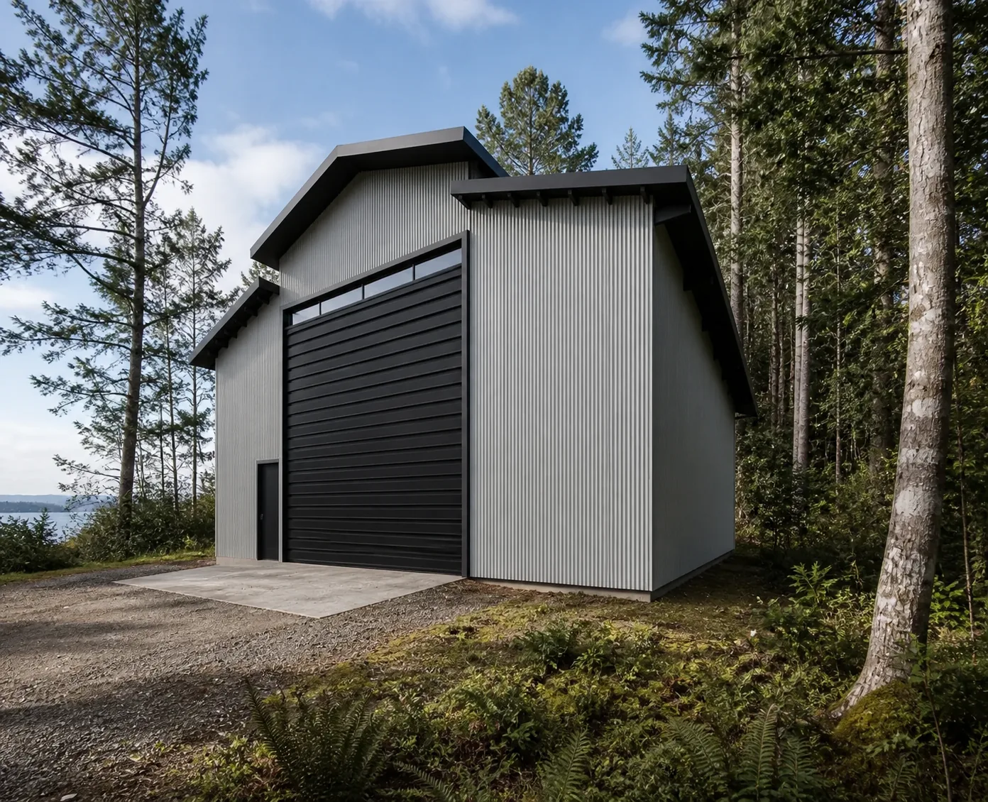 Contemporary new barn design in a Whidbey Island woodland