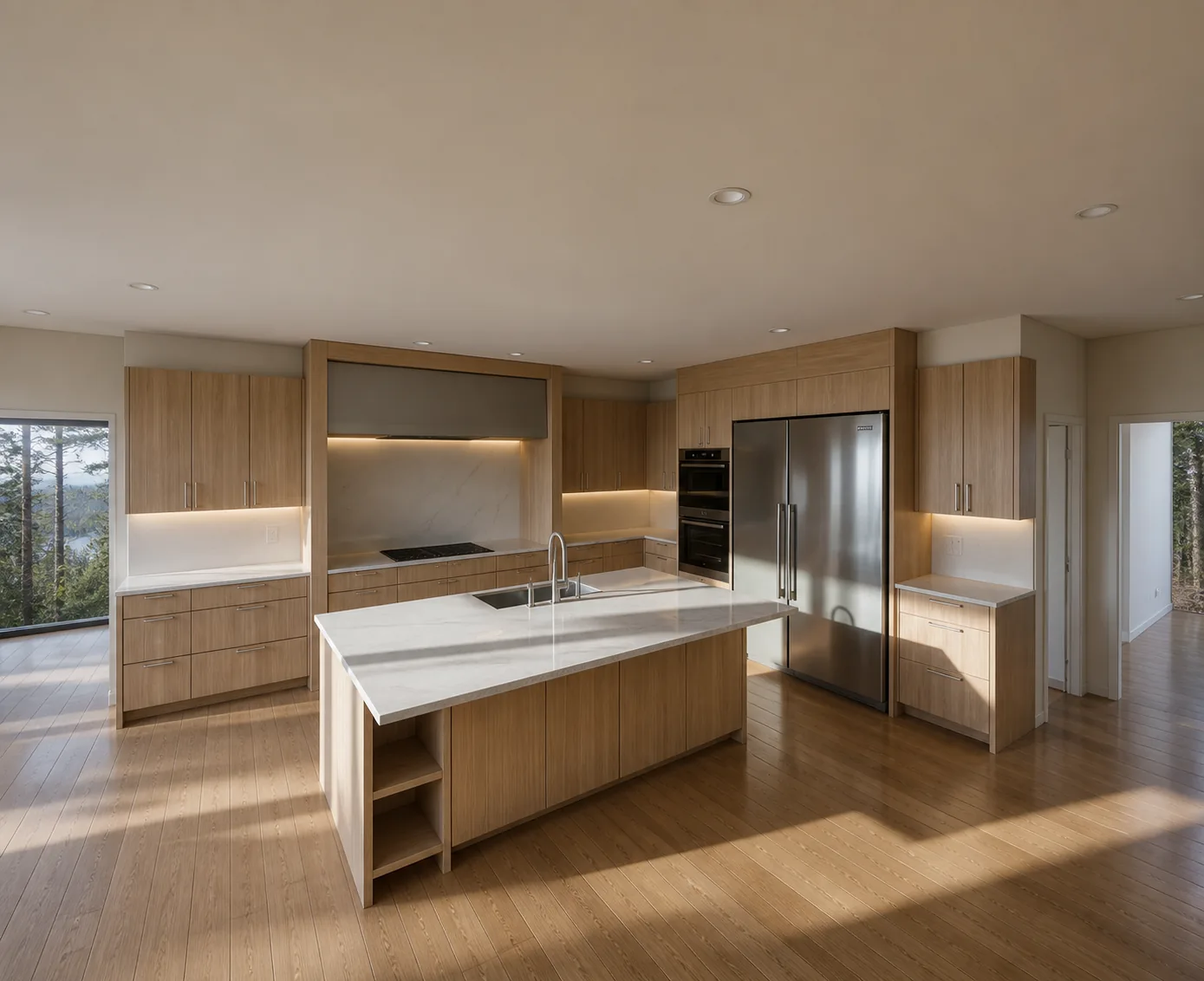 New kitchen design with natural wood cabinetry and a central island