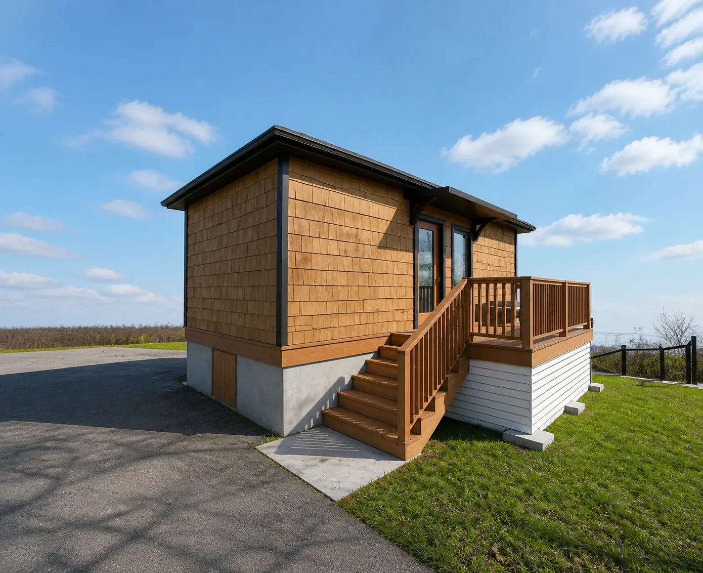 Cedar-shingle shed remodel with an exterior stair on Whidbey Island