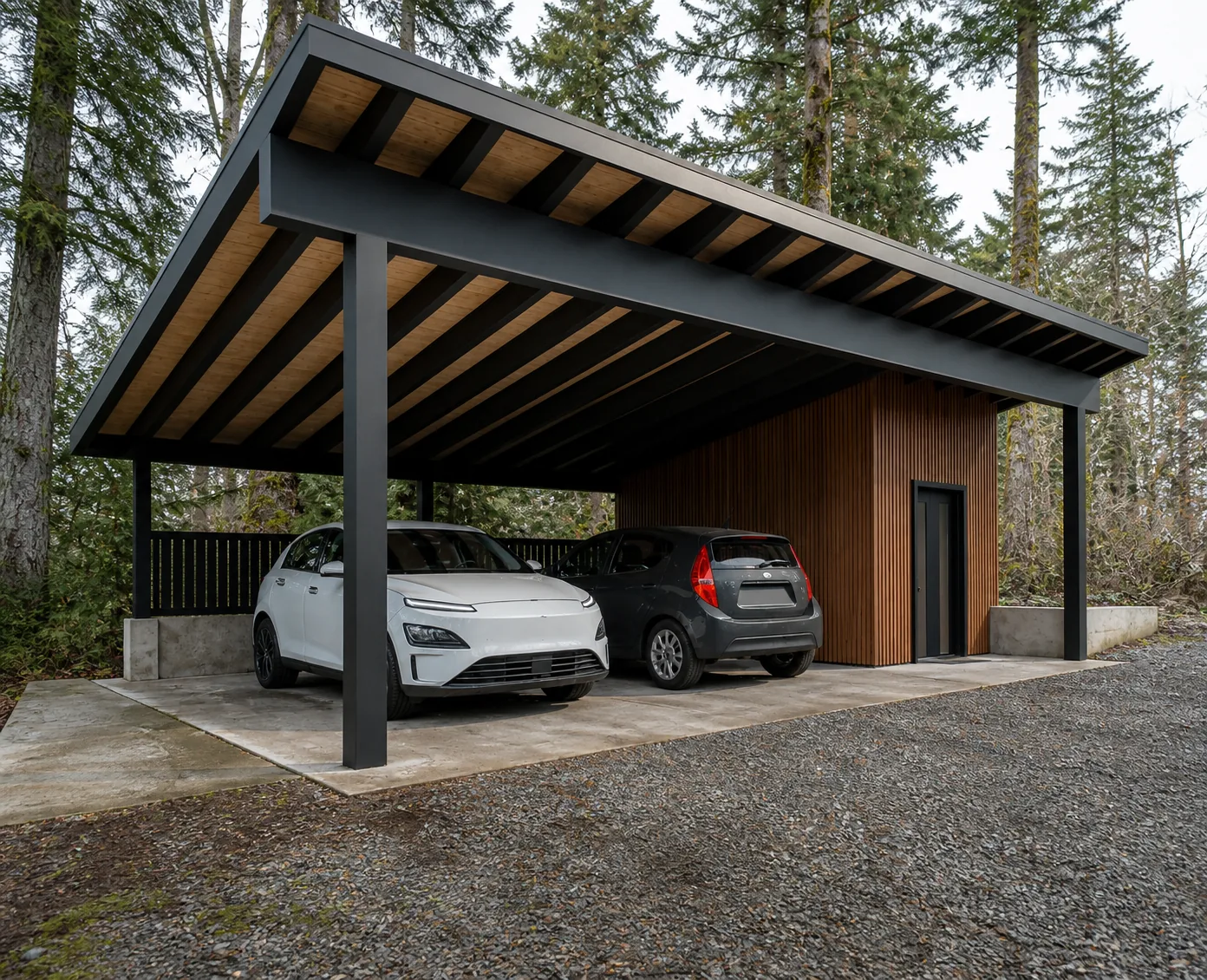 Two-car timber and steel carport design on Whidbey Island