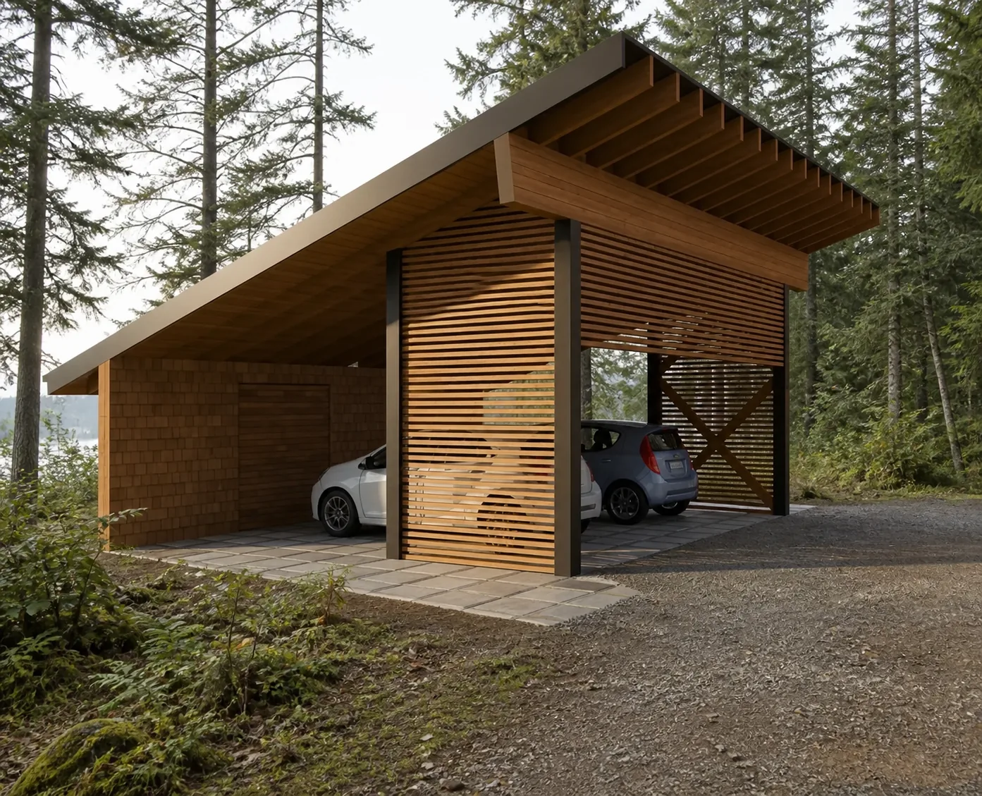 Wood-screen carport design in a Whidbey Island forest